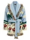 Alanui Wool Jacquard Belted Fringed Cardigan In Blue