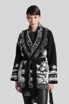 Alanui Black Cardigan With Tropical Pattern And Fringes In Black
