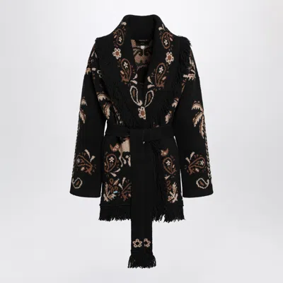 Alanui Cardigan Island Roots Foulard Black And Beige In Wool