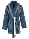Alanui Bandana Jacquard Cashmere Cardigan With Two-tone Belt Closure In Blue