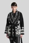 Alanui Black Cardigan With Tropical Pattern And Fringes In Multi