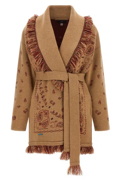 Alanui Cardigan With Fringed Shawl Collar In Beige