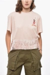Alanui Cashemere And Cotton Hawaiian Crew-neck T-shirt With Fringes In Pink