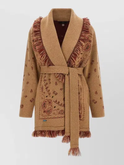 Alanui Cashmere Bandana Jacquard Fringed Belted Oversized Cardigan In Brown