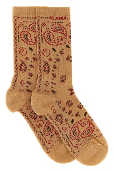 Alanui Cotton Blend Socks With Bandana Motif In Beige