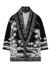 Alanui Black Cardigan With Tropical Pattern And Fringes In Black
