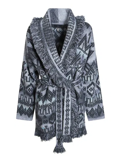 Alanui Time To Shine Geometric Pattern Fringe Cardigan In Gray