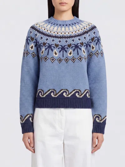 Alanui Crewneck Jumper In Virgin Wool With Ethnic Jacquard Motif In Blue