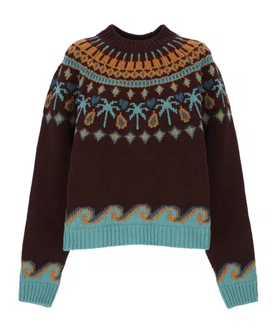Alanui Virgin Wool Jacquard Knit Ribbed Crew Neck Sweater In Brown
