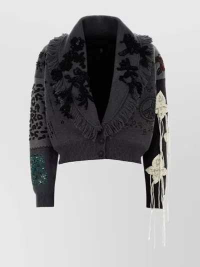 ALANUI CROPPED EMBROIDERED WOOL CARDIGAN WITH FRINGED COLLAR