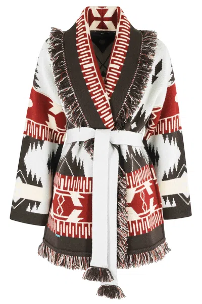 Alanui Dark Blue Cyan Cashmere-blend Icon Jacquard Fringe Cardigan In Multi