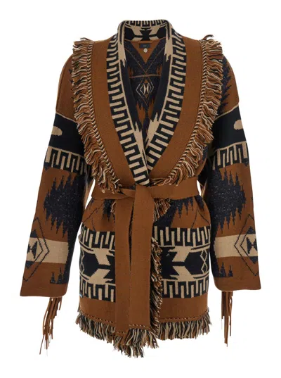 ALANUI MULTICOLOR CARDIGAN WITH V NECK AND FRINGED DETAILS IN WOOL WOMAN