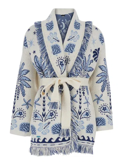 Alanui Echoes Of The Island Multicolor Cardigan With Geometric Motif And Fringed Hem In Wool Woman In Blue