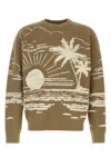 Alanui Crew Neck Silk Blend Sweater With Embroidery In Khakiwhite