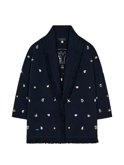 Alanui Embroidered Wool Cardigan In Navy
