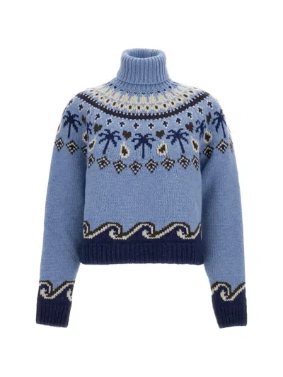 Alanui Turtleneck Jumper In Pure Virgin Wool With Abstract Jacquard Pattern In Blue