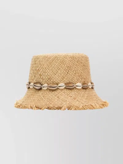 ALANUI FRAYED EDGE STRAW BUCKET HAT WITH SHELLS