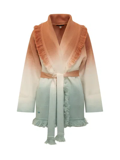 Alanui Fringe Knit Cardigan With Belt In Naturale Multicolor