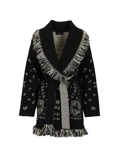 Alanui Fringed Bandana Jacquard Cardigan With Shawl Collar In Black