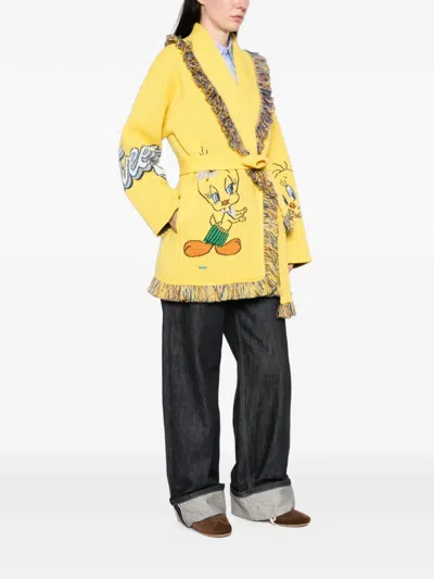 Alanui Fringed Tweety-intarsia Cardigan In Yellow