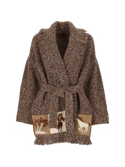 Alanui Fringe-trimmed Intarsia-knit Cardigan In Brown