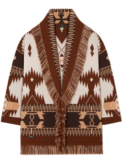 Alanui Geometric Pattern Cashmere Sweater With Fringed Hem In Brown