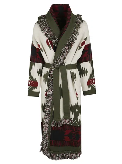 Alanui Geometric Tribal Knit Cardigan With Shawl Collar And Fringe Detailing In Multi