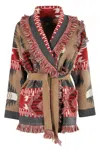 Alanui Tribal-pattern Knit Cardigan With Shawl Collar And Fringed Edges In Brown