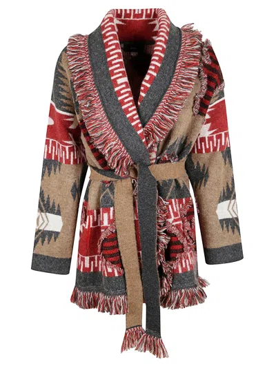 Alanui Long Cardigan With Fringe And Belt In Multi