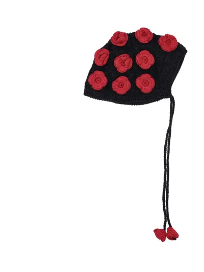 Alanui Grunge Roses Bonnet Hat Charcoal/ruby