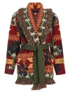 Alanui 'hibiscus Bloom' Long Belted Cardigan With Fringed Trim In Green