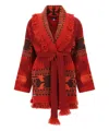 Alanui Bandana Jacquard Fringed Belted Cardigan In Red