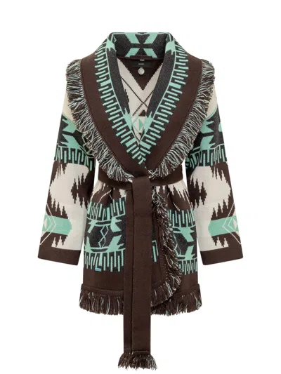 Alanui Icon Jacquard Belted Fringed Cardigan In Black