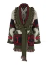 Alanui Waist Belt Fringe Geometric Pattern Long Sleeves Cardigan In Green
