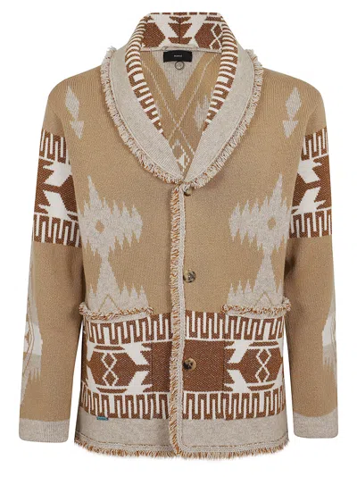 Alanui Jacquard Pattern Shawl Collar Knit Cardigan In Beis
