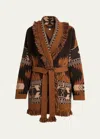 Alanui Icon Jacquard Fringe Belted Cashmere Cardigan In Coffeedakar