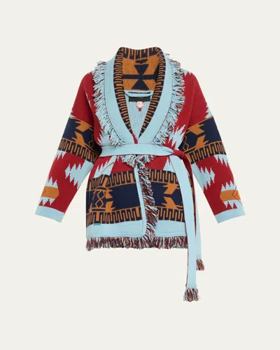 Alanui Icon Jacquard Fringe Belted Cashmere Cardigan In Marsala-sky Blue