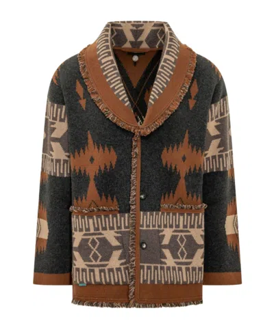 Alanui Icon Jacquard Fringe Cardigan In Brown