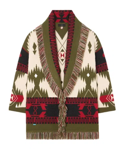 Alanui Icon Jacquard Fringe Cardigan In Green