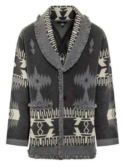 Alanui Icon Jacquard Fringed Cardigan In Gray