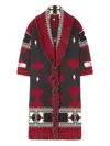 Alanui Jacquard Wool Long Cardigan With Belted Waist In Red