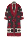 Alanui Jacquard Wool Long Cardigan With Belted Waist In Red