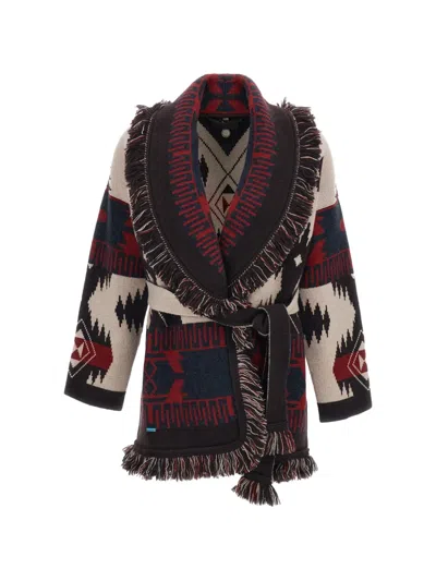 Alanui Jacquard Cardigan With Shawl Collar And Fringe Details In Multi