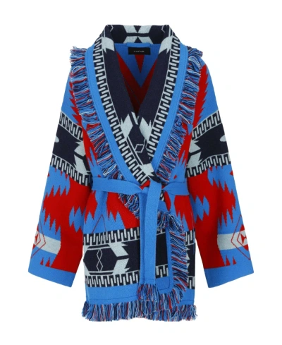 Alanui Intarsia-knit Belted Cadigan In Blue