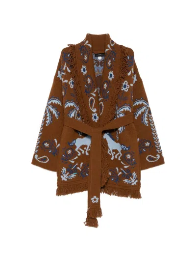 Alanui Intarsia Knit Fringe Cardigan In Brown