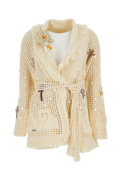Alanui Intricately Stitched Long Cardigan With Mother-of-pearl Accents In Gold