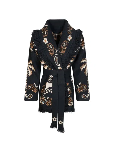 Alanui Cardigan Island Roots Foulard Black And Beige In Wool