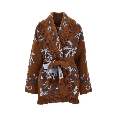 Alanui Island Roots Jacquard Wool Cardigan In Brown
