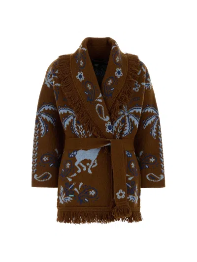 Alanui Island Roots Jacquard Wool Cardigan In Brown