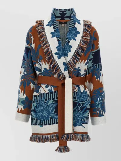 Alanui Long Floral Cardigan With Fringe Shawl Collar In Multi